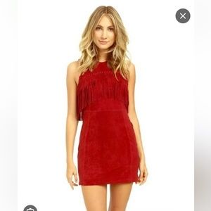 Rebecca Minkoff red suede leather minidress with fringe accent